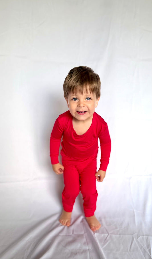 Cherry Red bamboo toddler and kids two-piece pajama set by Lora Baby
