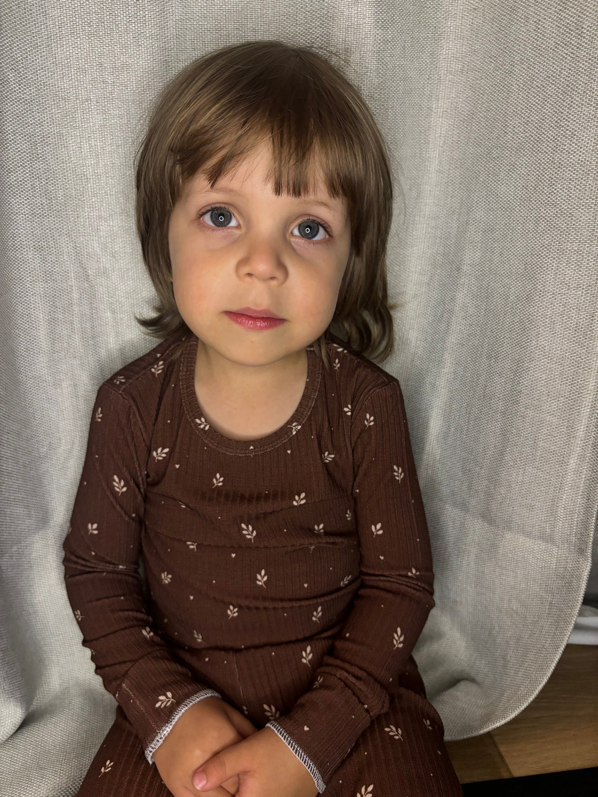 Chocolate ribbed bamboo toddler and kids two-piece pajama set by Lora Baby