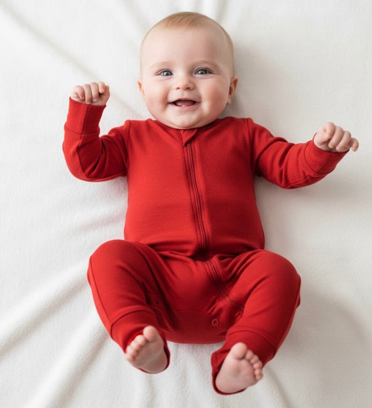 Cherry Red bamboo baby pajama by Lora Baby, sensitive-skin-friendly sleepwear