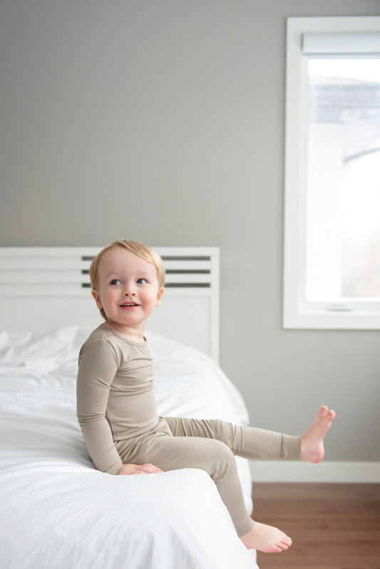 Sand Dunes neutral bamboo toddler and kids two-piece pajama set by Lora Baby